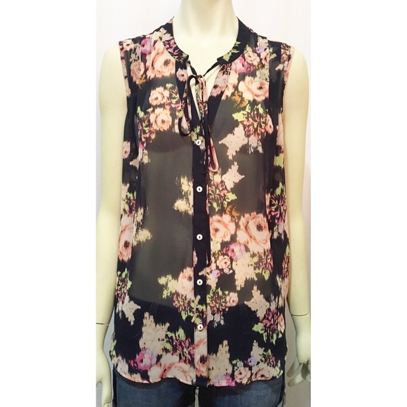 Daniel Rainn Tops - Daniel Rainn Large Black Floral Semi Sheer Blouse
